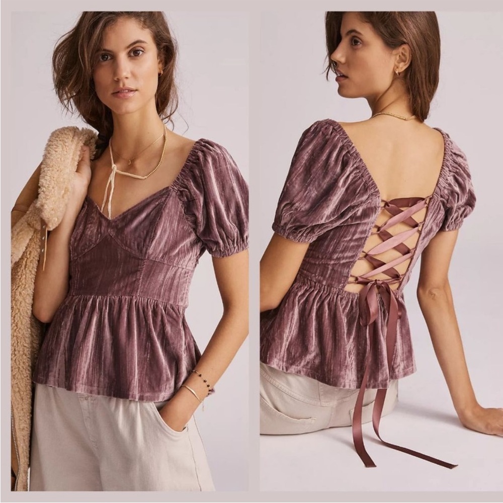 Anthropologie Porridge Peplum Lace-Up Velvet Blouse